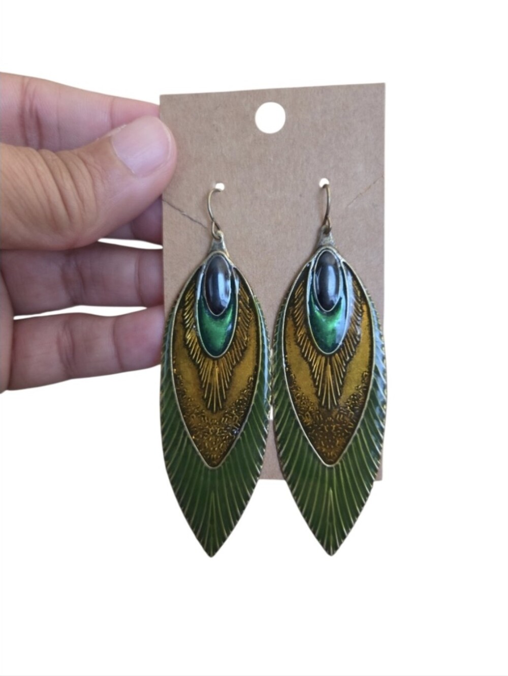 Vintage Bronze Toned Peacock Feather Enamel Dangle Earrings
